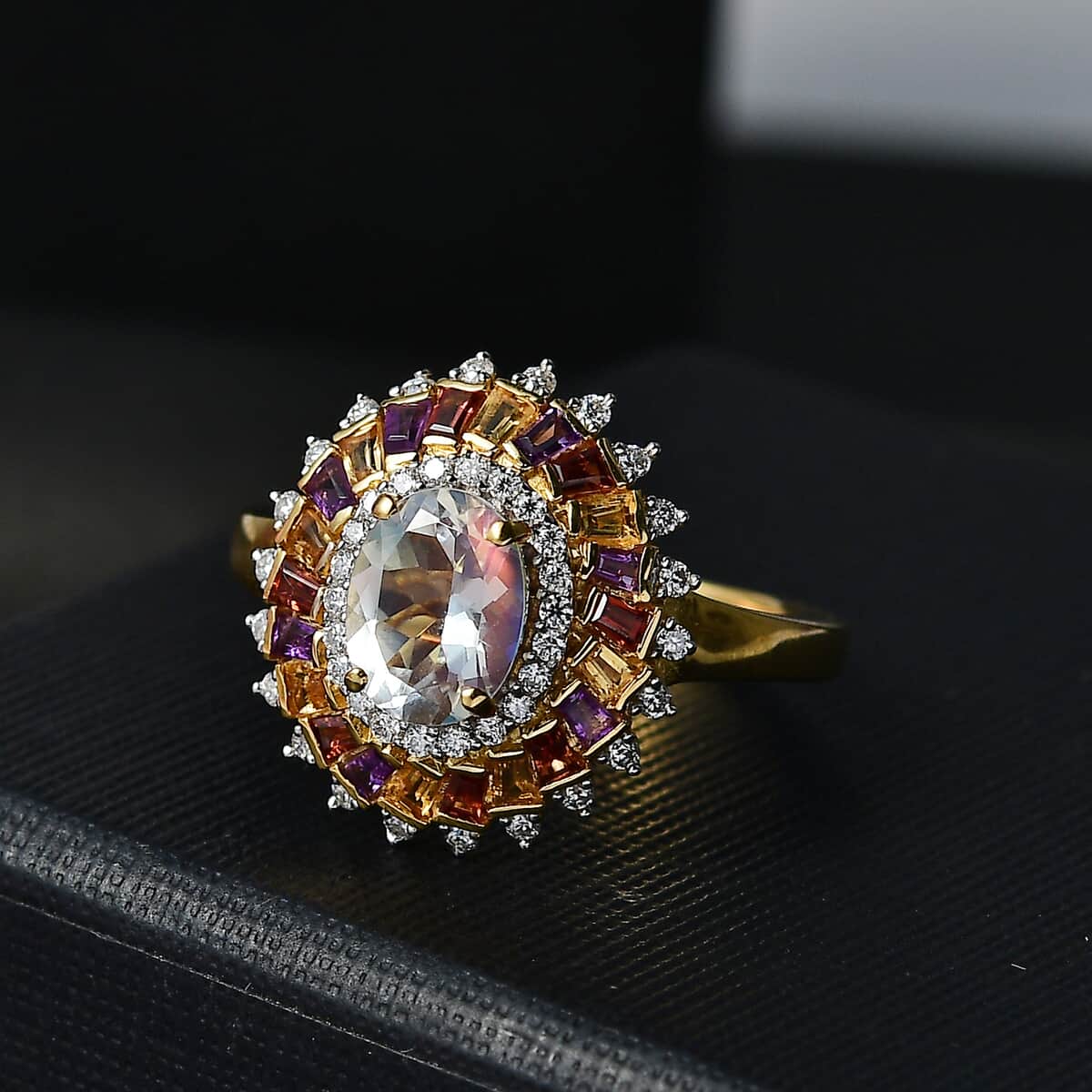 Premium Malagasy Moonstone and Multi Gemstone 2.10 ctw Celestial Burst Ring in 18K Vermeil Yellow Gold Over Sterling Silver (Size 10.0) (Del. in 8-10 Days) image number 1