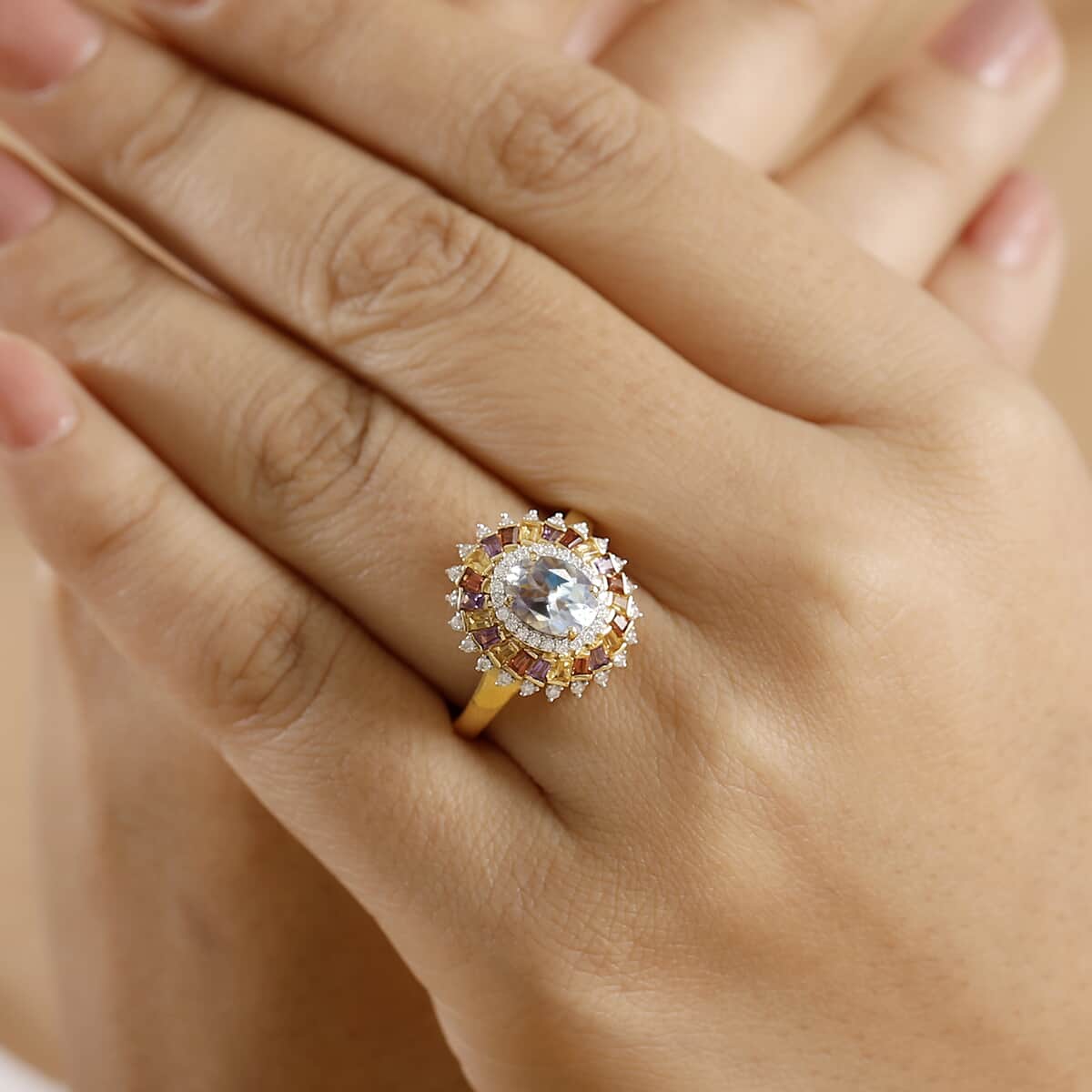 Premium Malagasy Moonstone and Multi Gemstone 2.10 ctw Celestial Burst Ring in 18K Vermeil Yellow Gold Over Sterling Silver (Size 10.0) (Del. in 8-10 Days) image number 2