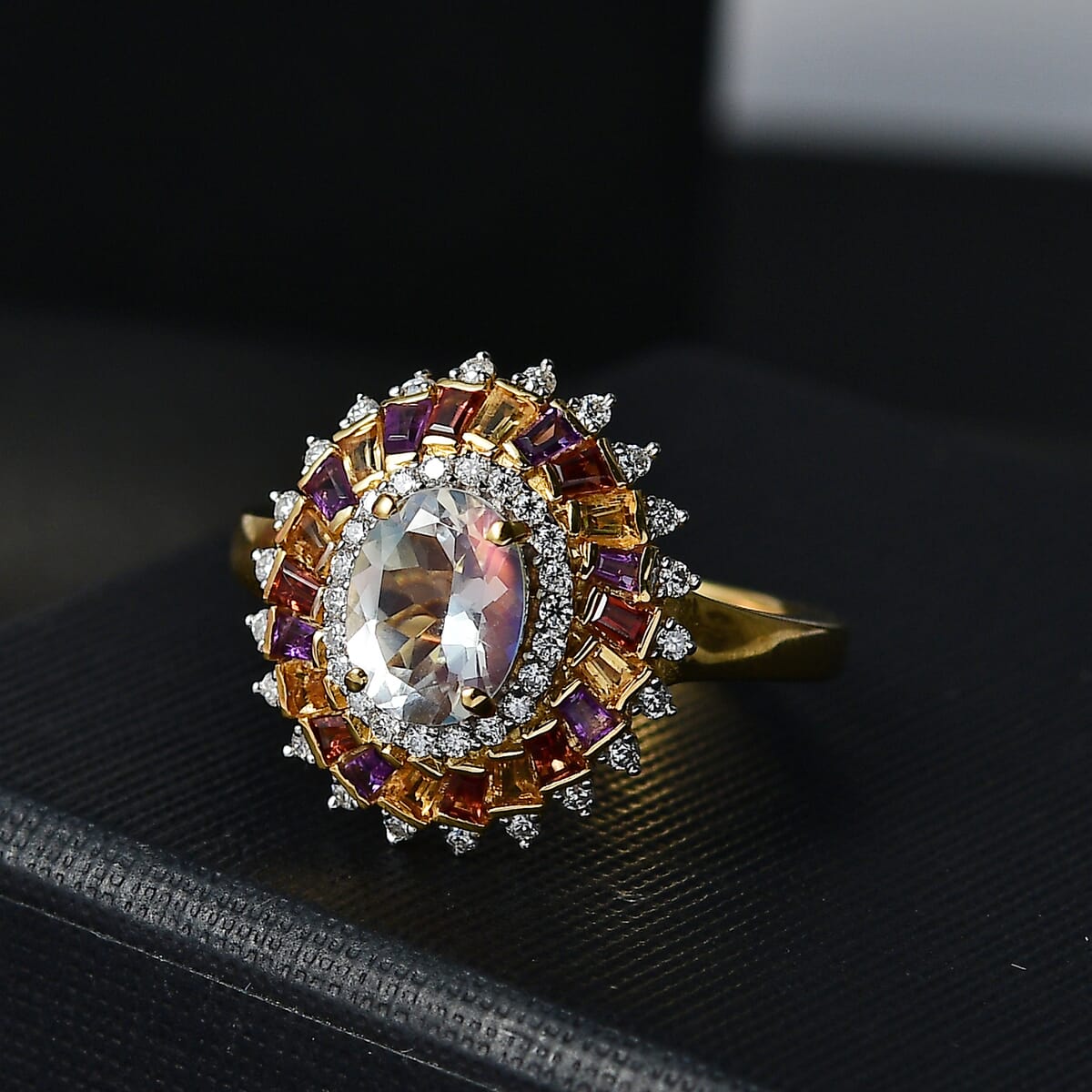 Premium Malagasy Moonstone and Multi Gemstone 2.10 ctw Celestial Burst Ring in 18K Vermeil Yellow Gold Over Sterling Silver (Size 6.0) (Del. in 8-10 Days) image number 1