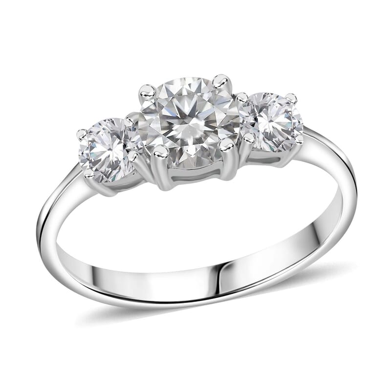 Moissanite 1.30 ctw Trilogy Ring in Rhodium Over Sterling Silver (Size 10.0)
