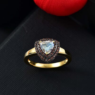 Premium Malagasy Moonstone and Champagne Zircon 1.20 ctw Double Halo Ring in 18K Vermeil Yellow Gold Over Sterling Silver (Size 10.0)