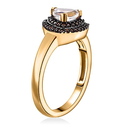 Premium Malagasy Moonstone and Champagne Zircon 1.20 ctw Double Halo Ring in 18K Vermeil Yellow Gold Over Sterling Silver (Size 10.0)