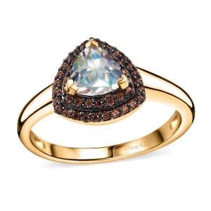 Premium Malagasy Moonstone and Champagne Zircon 1.20 ctw Double Halo Ring in 18K Vermeil Yellow Gold Over Sterling Silver (Size 7.0)