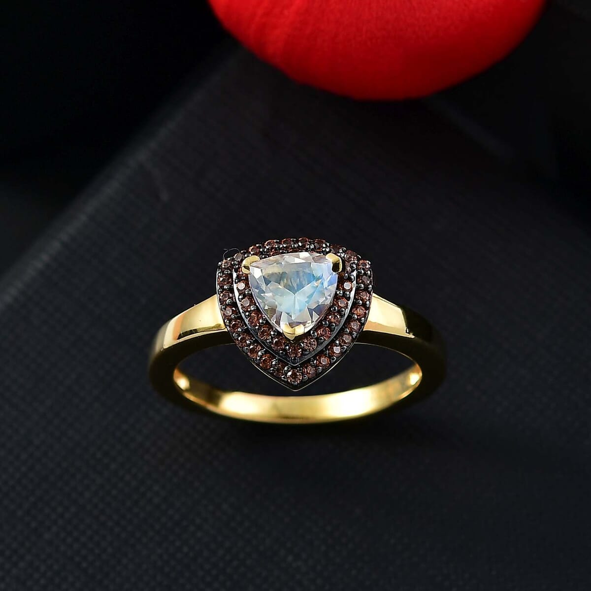 Premium Malagasy Moonstone and Champagne Zircon 1.20 ctw Double Halo Ring in 18K Vermeil Yellow Gold Over Sterling Silver (Size 7.0) image number 1