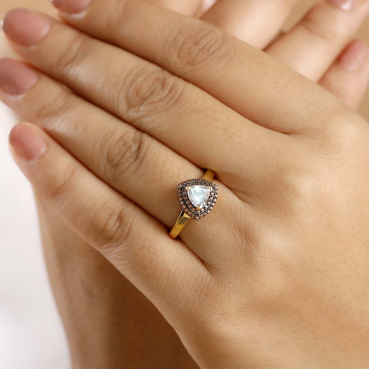 Premium Malagasy Moonstone and Champagne Zircon 1.20 ctw Double Halo Ring in 18K Vermeil Yellow Gold Over Sterling Silver (Size 7.0) image number 2
