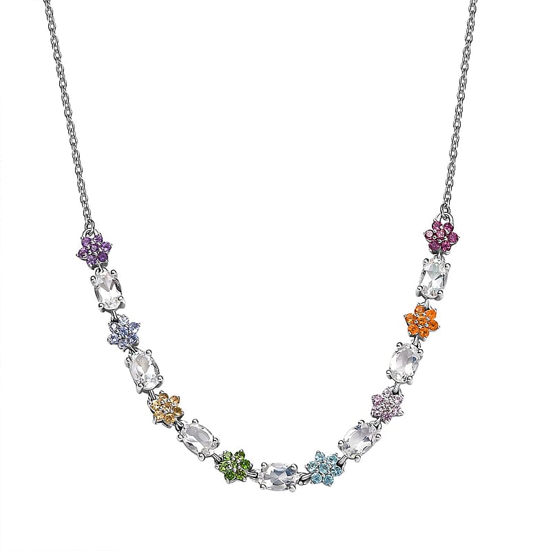 Malagasy Moonstone, Multi Gemstone Floral Necklace in Rhodium Over Sterling Silver 4.50 ctw (18-20 Inches)