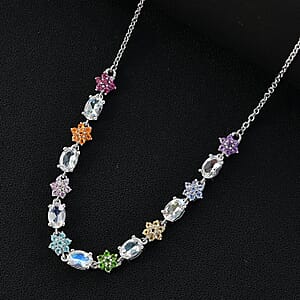 Malagasy Moonstone, Multi Gemstone Floral Necklace in Rhodium Over Sterling Silver 4.50 ctw (18-20 Inches)