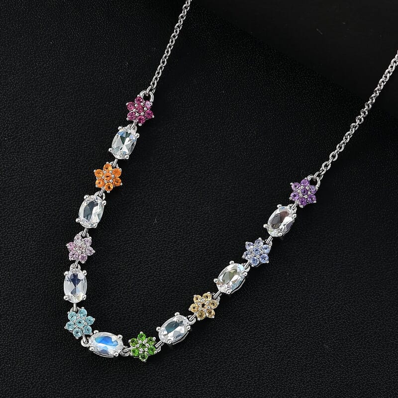 Malagasy Moonstone, Multi Gemstone Floral Necklace in Rhodium Over Sterling Silver 4.50 ctw (18-20 Inches)