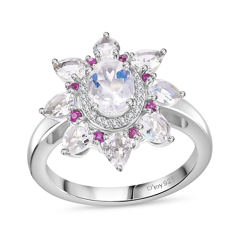 Premium Malagasy Moonstone and Multi Gemstone 2.40 ctw Floral Ring in Rhodium Over Sterling Silver (Size 10.0) (Del. in 8-10 Days)
