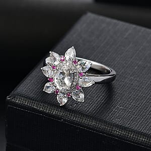 Premium Malagasy Moonstone and Multi Gemstone 2.40 ctw Floral Ring in Rhodium Over Sterling Silver (Size 10.0) (Del. in 8-10 Days)