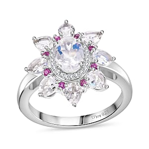 D'Joy Premium Malagasy Moonstone and Multi Gemstone 2.40 ctw Floral Ring in Rhodium Over Sterling Silver (Size 8.0) (Del. in 8-10 Days)