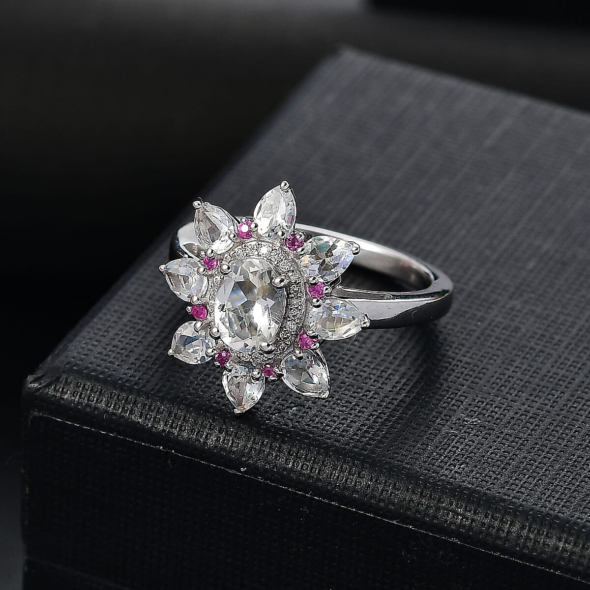 Premium Malagasy Moonstone and Multi Gemstone 2.40 ctw Floral Ring in Rhodium Over Sterling Silver (Size 8.0) (Del. in 8-10 Days) image number 1