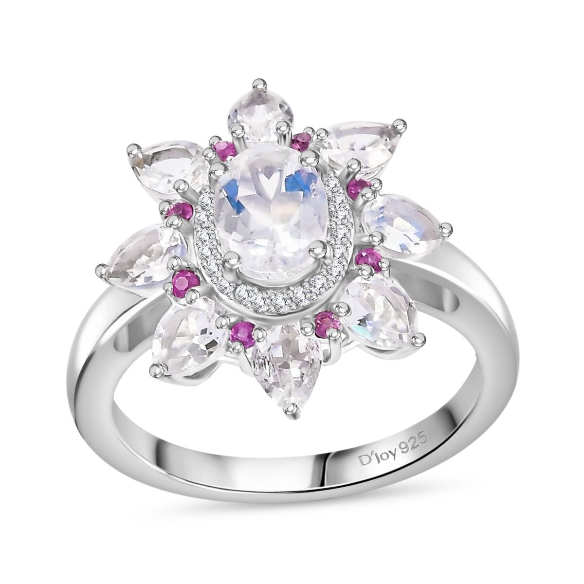 Premium Malagasy Moonstone and Multi Gemstone 2.40 ctw Floral Ring in Rhodium Over Sterling Silver (Size 9.0) (Del. in 8-10 Days) image number 0