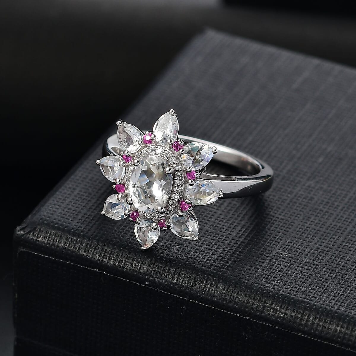 Premium Malagasy Moonstone and Multi Gemstone 2.40 ctw Floral Ring in Rhodium Over Sterling Silver (Size 9.0) (Del. in 8-10 Days) image number 1