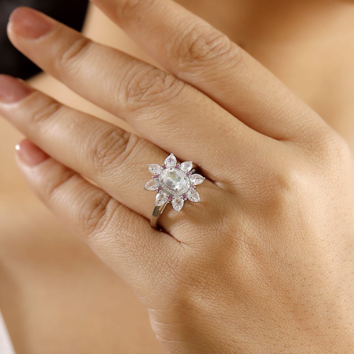 Premium Malagasy Moonstone and Multi Gemstone 2.40 ctw Floral Ring in Rhodium Over Sterling Silver (Size 9.0) (Del. in 8-10 Days) image number 2