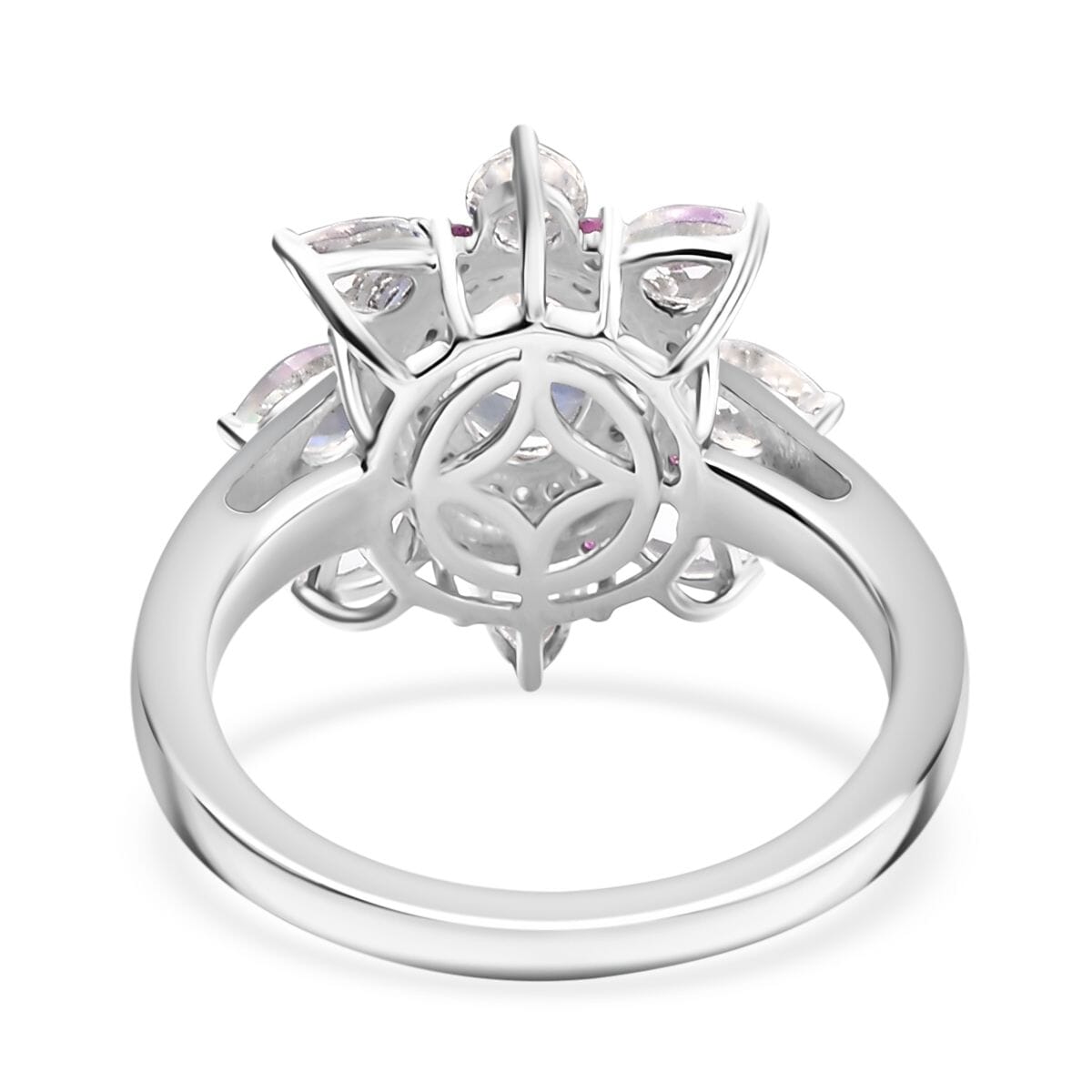 Premium Malagasy Moonstone and Multi Gemstone 2.40 ctw Floral Ring in Rhodium Over Sterling Silver (Size 9.0) (Del. in 8-10 Days) image number 4
