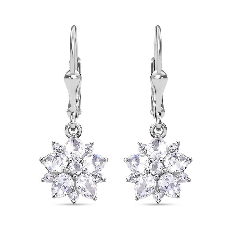 D'Joy Premium Malagasy Moonstone and White Zircon 2.50 ctw Floral Lever Back Earrings in Rhodium Over Sterling Silver