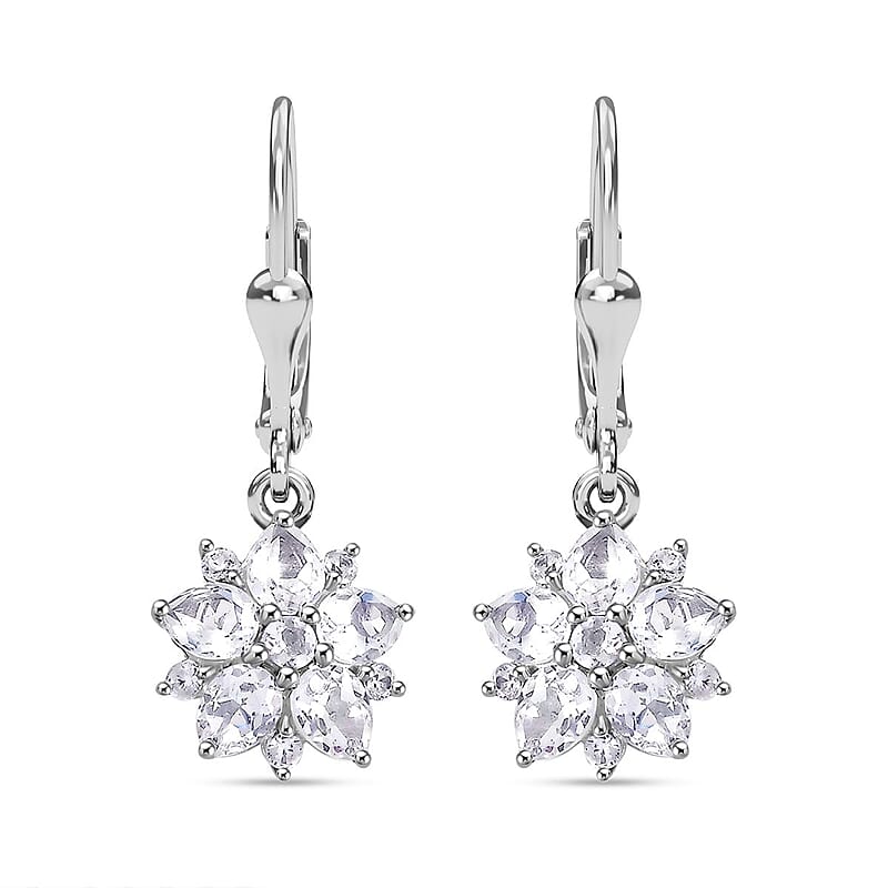D'Joy Premium Malagasy Moonstone and White Zircon 2.50 ctw Floral Lever Back Earrings in Rhodium Over Sterling Silver