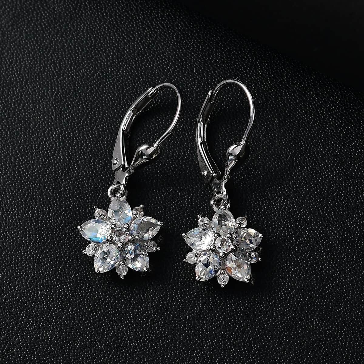 Premium Malagasy Moonstone and White Zircon 2.50 ctw Floral Lever Back Earrings in Rhodium Over Sterling Silver image number 1