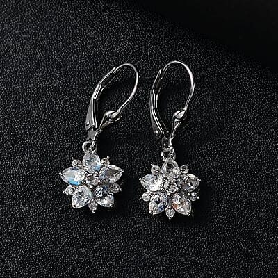 D'Joy Premium Malagasy Moonstone and White Zircon 2.50 ctw Floral Lever Back Earrings in Rhodium Over Sterling Silver