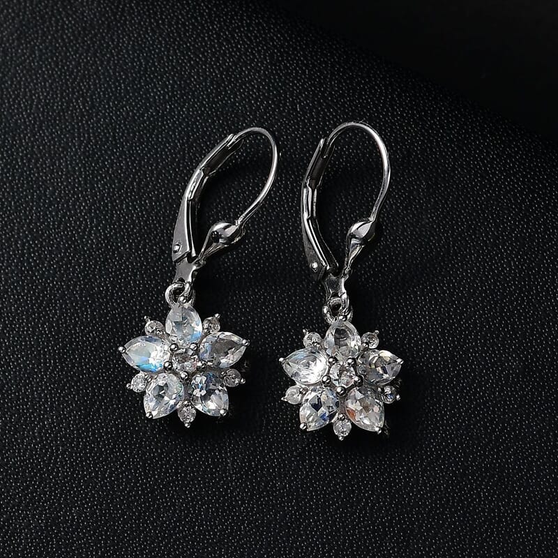 D'Joy Premium Malagasy Moonstone and White Zircon 2.50 ctw Floral Lever Back Earrings in Rhodium Over Sterling Silver