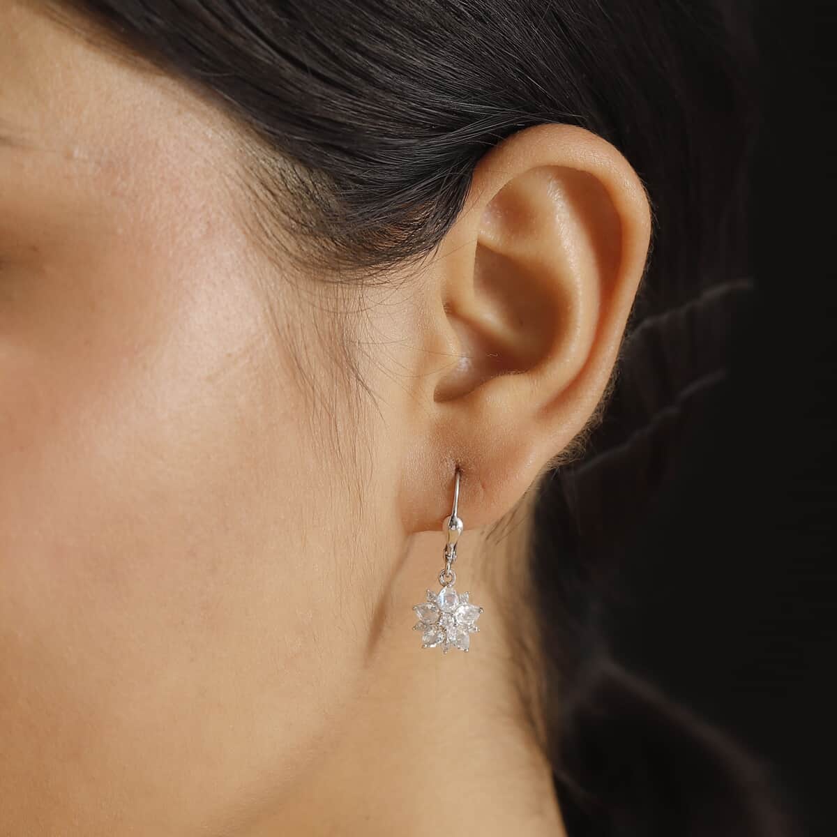 Premium Malagasy Moonstone and White Zircon 2.50 ctw Floral Lever Back Earrings in Rhodium Over Sterling Silver image number 2