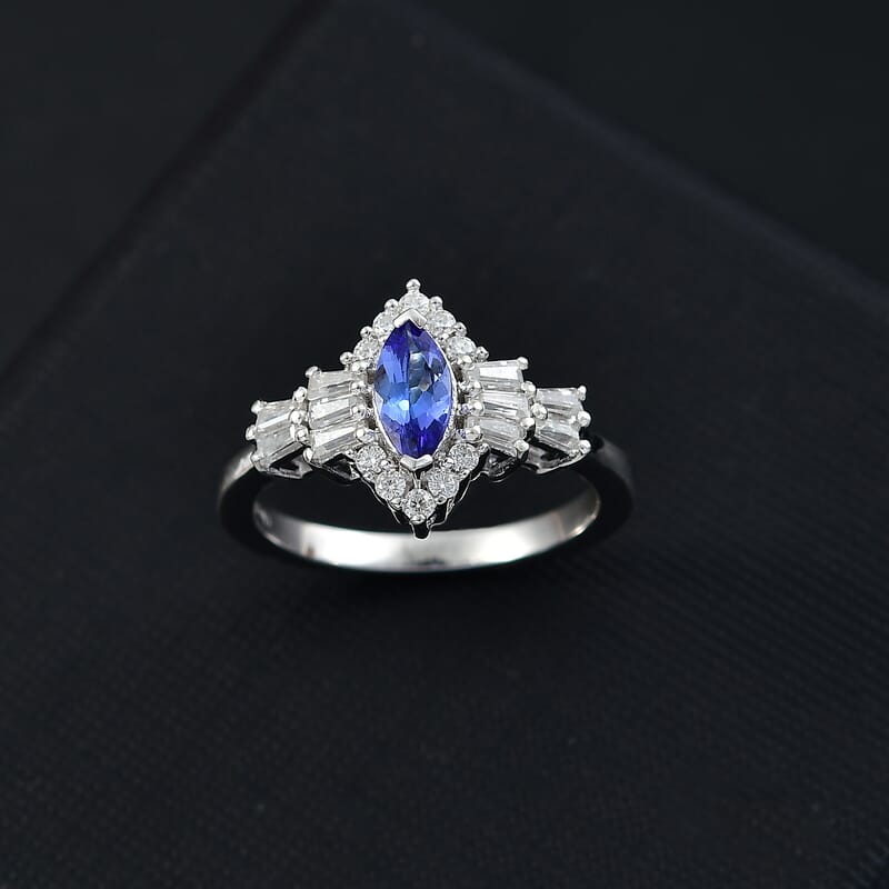 AAA Tanzanite and Moissanite 1.20 ctw Ballerina Ring in Rhodium Over Sterling Silver (Size 10.0)