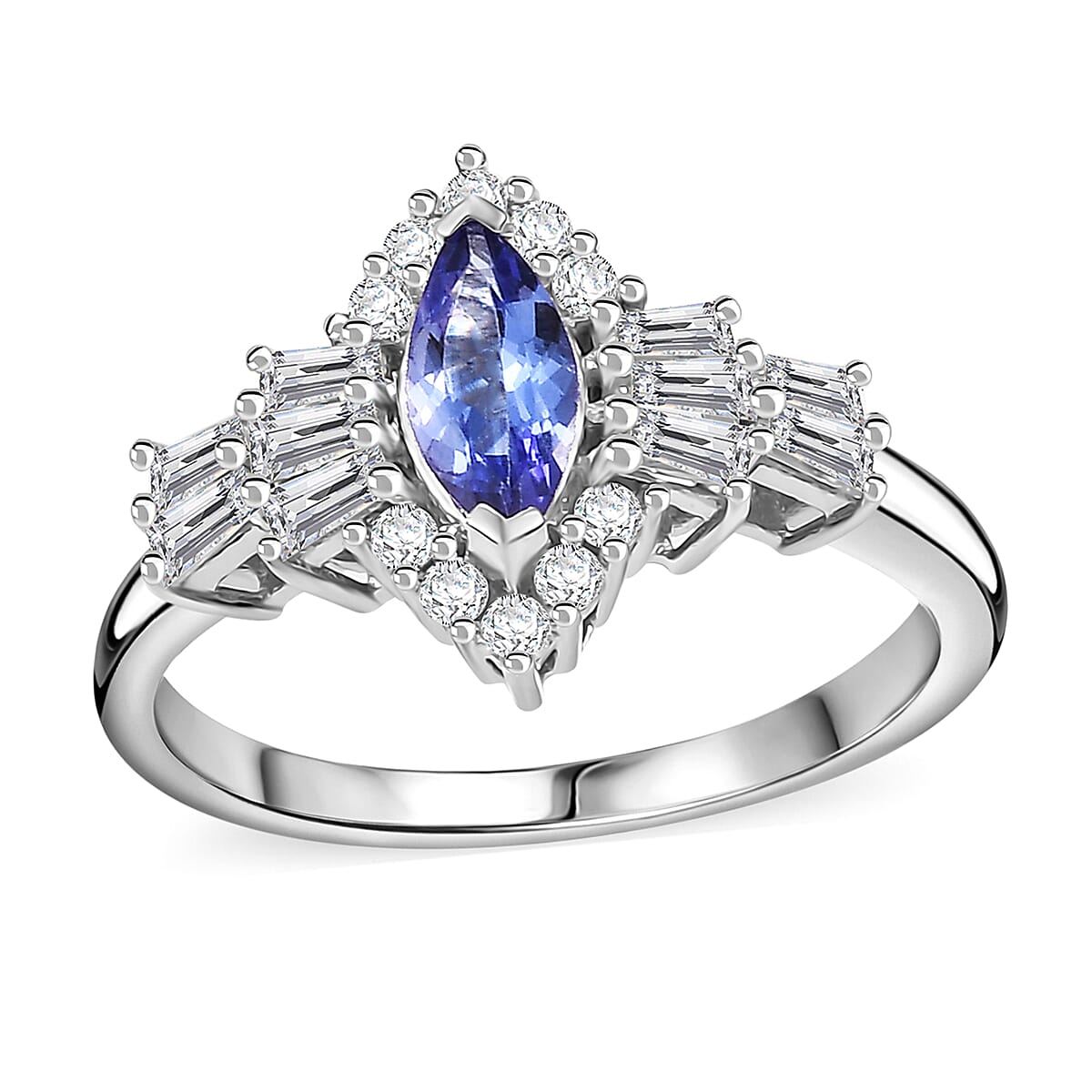 AAA Tanzanite, Moissanite Ring in Rhodium Over Sterling Silver (Size 10.0) 1.20 ctw