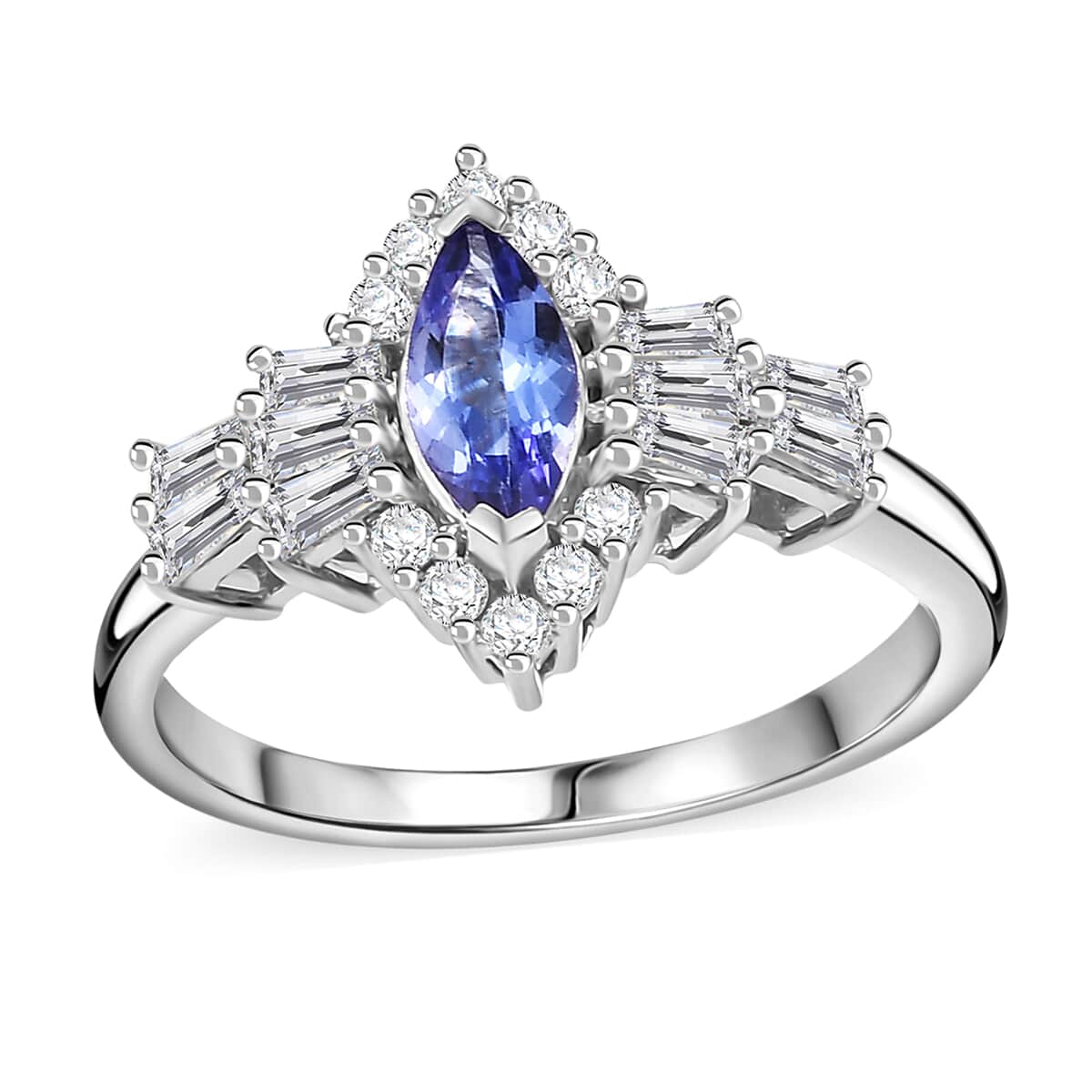 AAA Tanzanite and Moissanite 1.20 ctw Ballerina Ring in Rhodium Over Sterling Silver (Size 7.0) image number 0