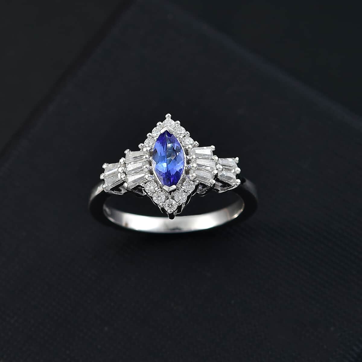 AAA Tanzanite and Moissanite 1.20 ctw Ballerina Ring in Rhodium Over Sterling Silver (Size 7.0) image number 1