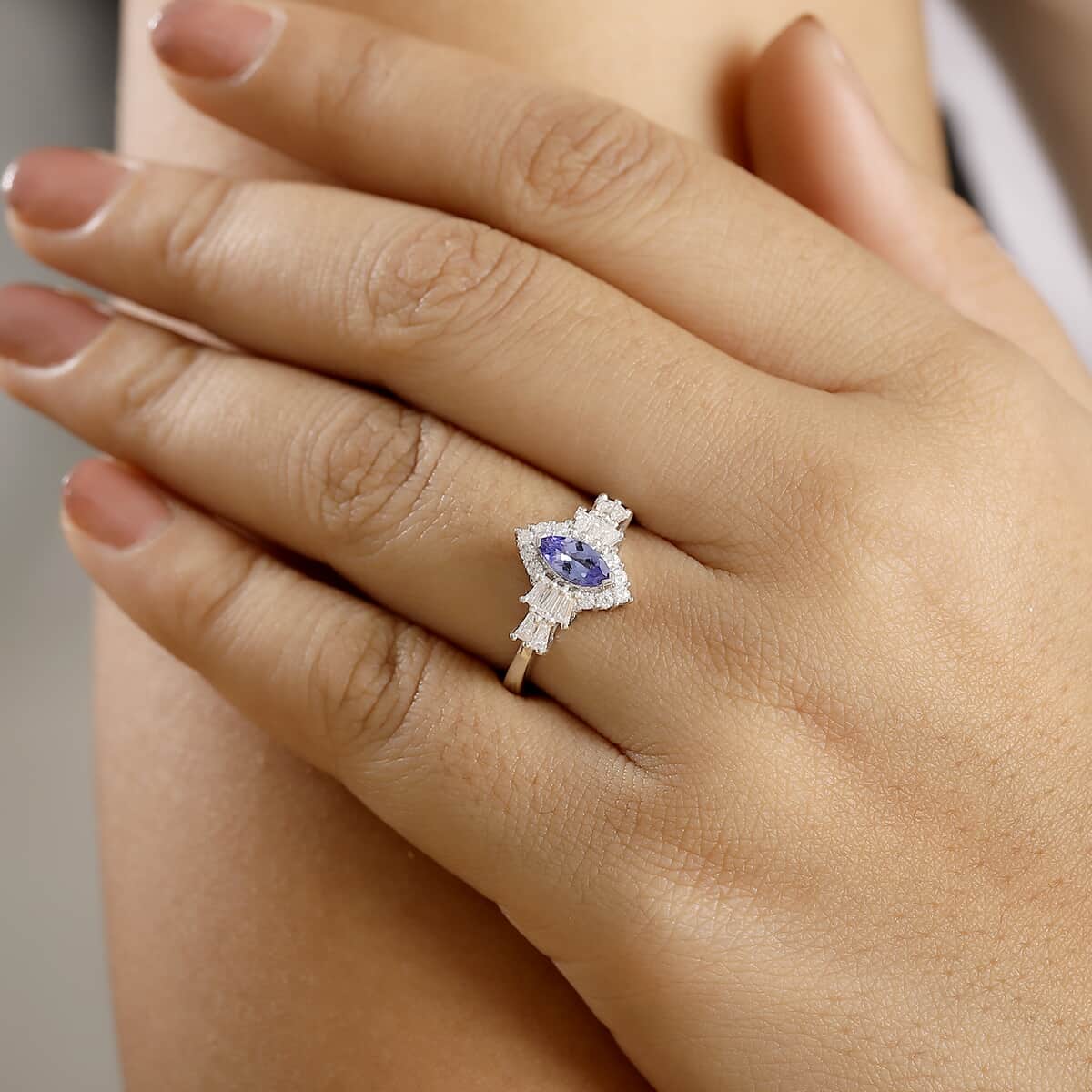 AAA Tanzanite and Moissanite 1.20 ctw Ballerina Ring in Rhodium Over Sterling Silver (Size 7.0) image number 2