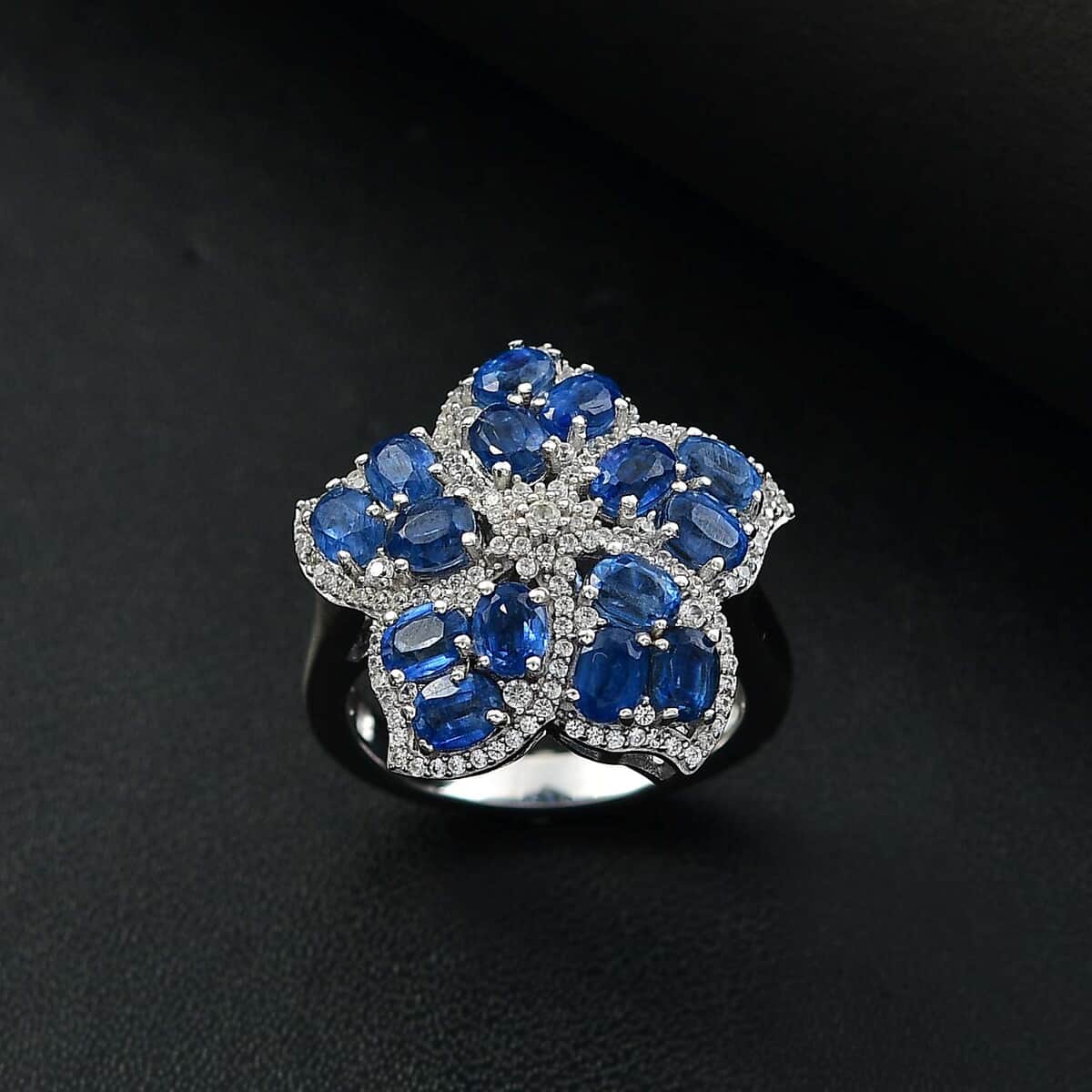 Kashmir Kyanite and White Zircon 4.40 ctw Floral Ring in Rhodium Over Sterling Silver (Size 10.0) image number 1