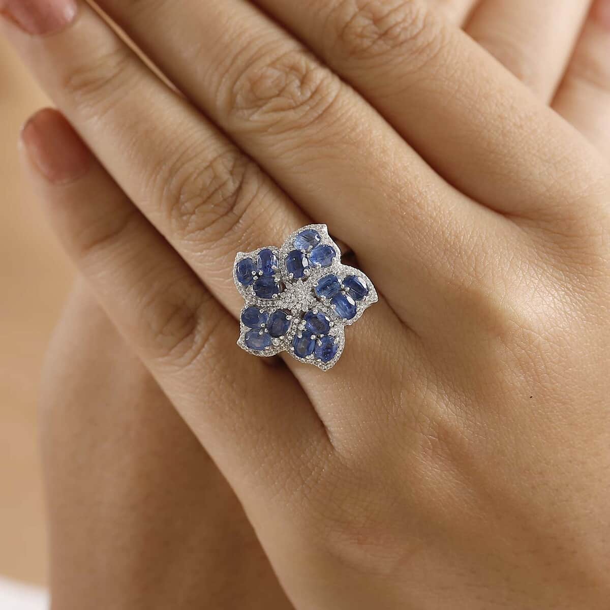 Kashmir Kyanite and White Zircon 4.40 ctw Floral Ring in Rhodium Over Sterling Silver (Size 10.0) image number 2