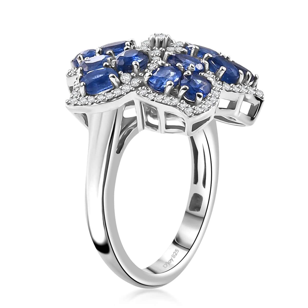 Kashmir Kyanite and White Zircon 4.40 ctw Floral Ring in Rhodium Over Sterling Silver (Size 10.0) image number 3