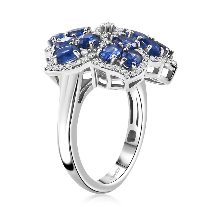 D'Joy Kashmir Kyanite and White Zircon 4.40 ctw Floral Ring in Rhodium Over Sterling Silver (Size 10.0)