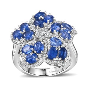 Kashmir Kyanite and White Zircon 4.40 ctw Floral Ring in Rhodium Over Sterling Silver (Size 8.0)