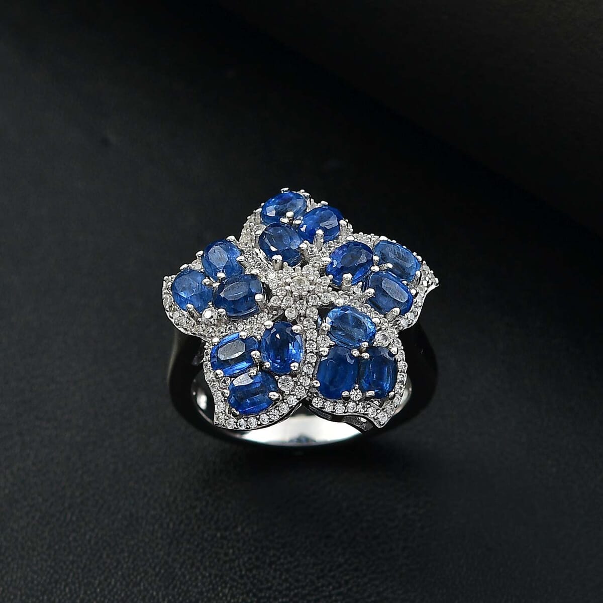 Kashmir Kyanite and White Zircon 4.40 ctw Floral Ring in Rhodium Over Sterling Silver (Size 8.0) image number 1