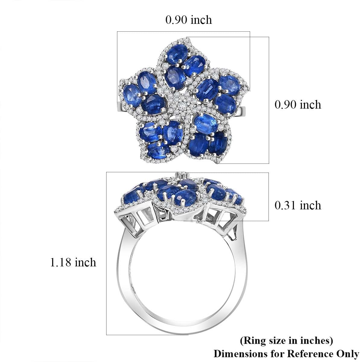 Kashmir Kyanite and White Zircon 4.40 ctw Floral Ring in Rhodium Over Sterling Silver (Size 8.0) image number 5