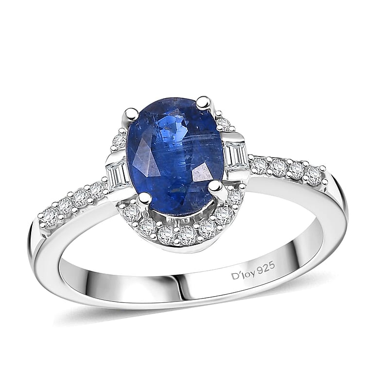 Kashmir Kyanite and Moissanite 1.90 ctw Halo Ring in Rhodium Over Sterling Silver (Size 10.0)