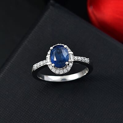 Kashmir Kyanite and Moissanite 1.90 ctw Halo Ring in Rhodium Over Sterling Silver (Size 10.0)
