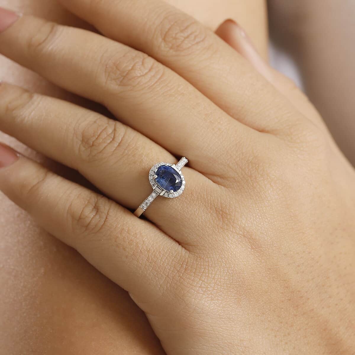 Kashmir Kyanite, Moissanite Halo Ring in Rhodium Over Sterling Silver (Size 7.0) 1.90 ctw image number 2