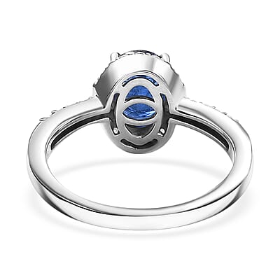 Kashmir Kyanite and Moissanite 1.90 ctw Halo Ring in Rhodium Over Sterling Silver (Size 10.0)