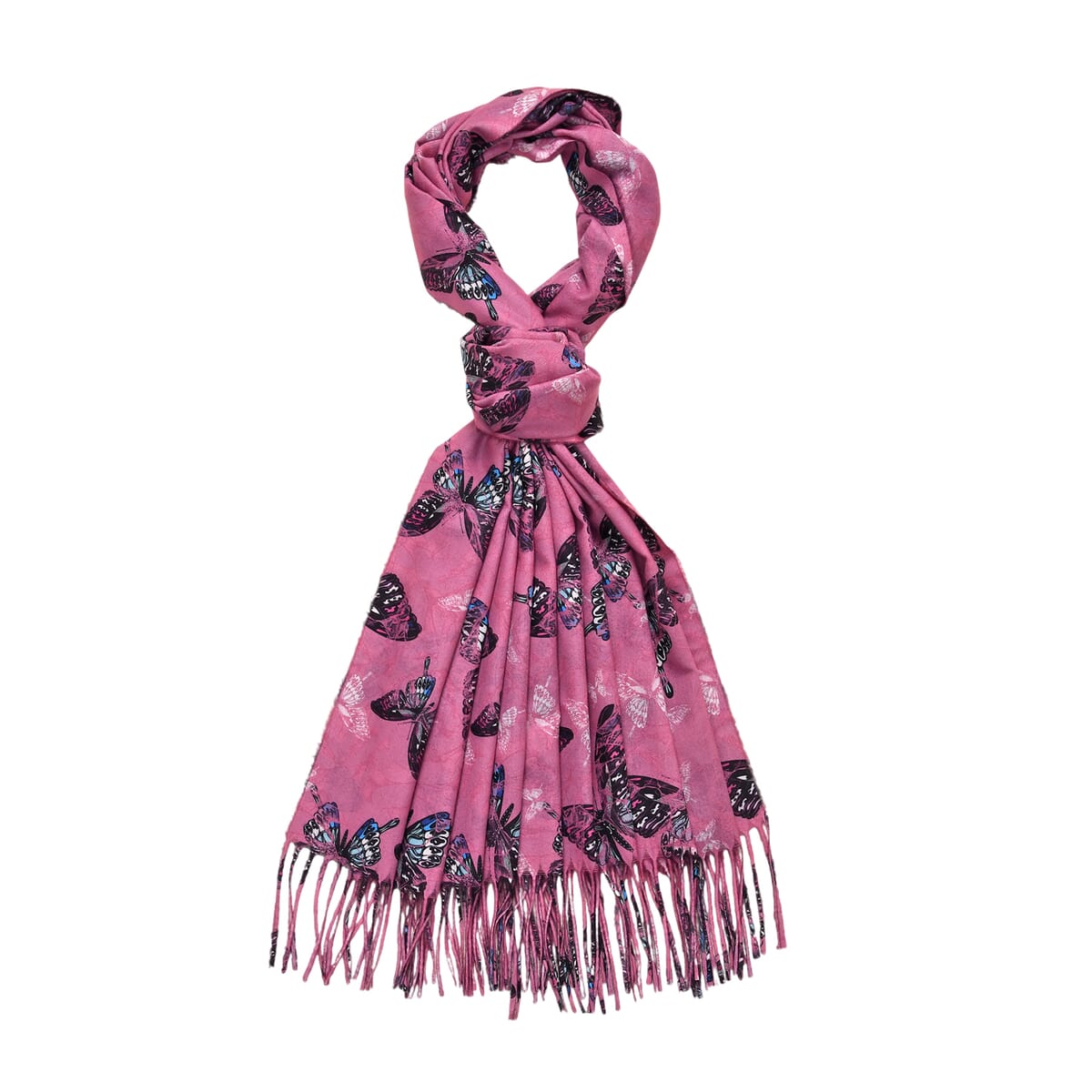 Pink Butterfly Polyester Scarf with Tassel Trim  image number 0