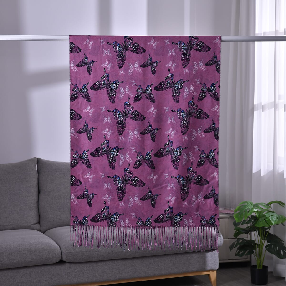 Pink Butterfly Polyester Scarf with Tassel Trim  image number 1