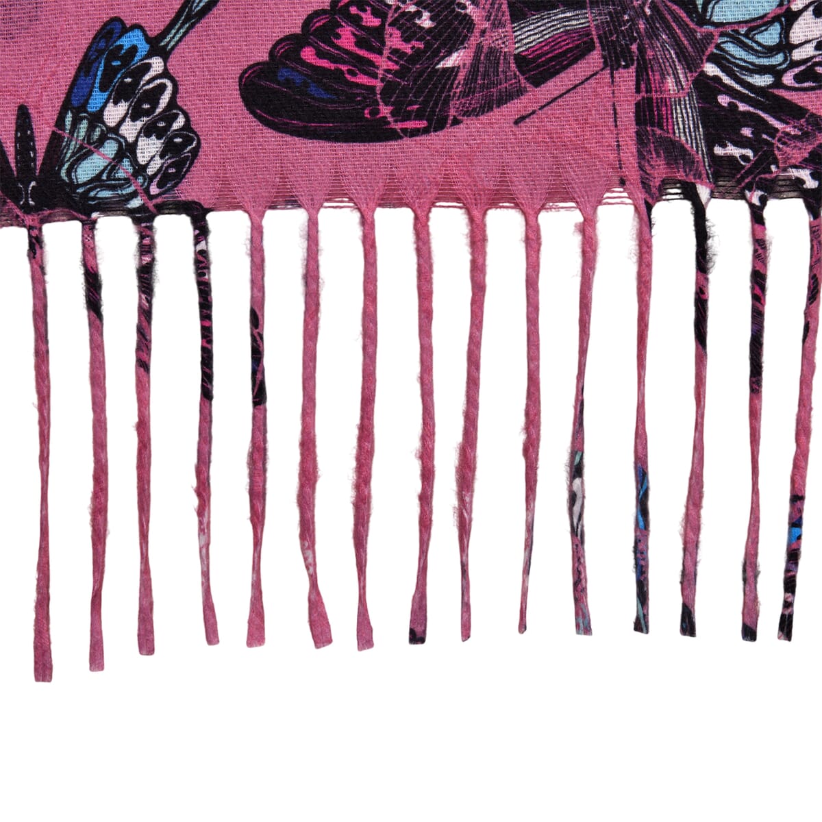 Pink Butterfly Polyester Scarf with Tassel Trim  image number 2