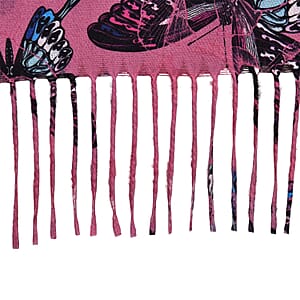 Tamsy Pink Butterfly Polyester Scarf with Tassel Trim 