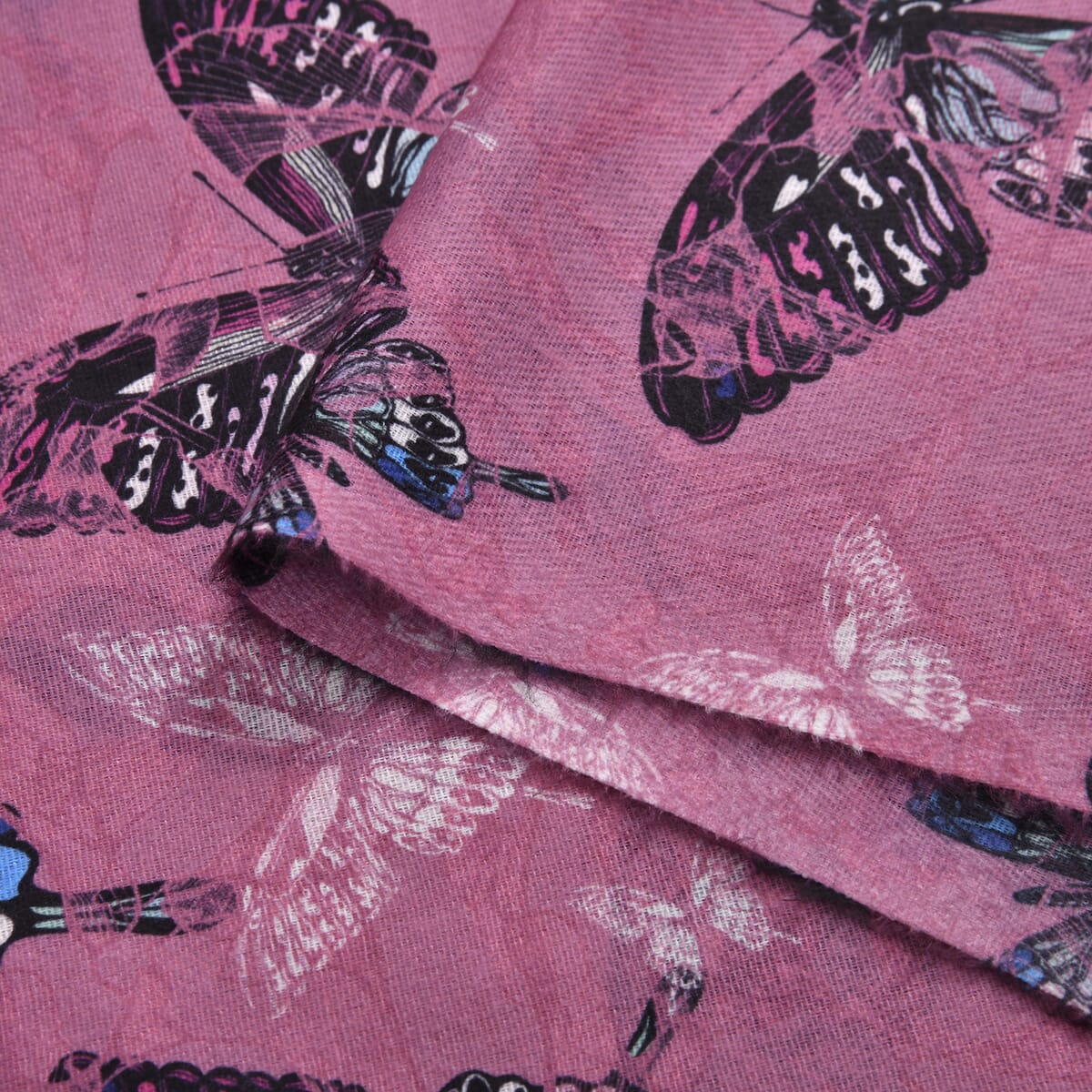 Pink Butterfly Polyester Scarf with Tassel Trim  image number 3