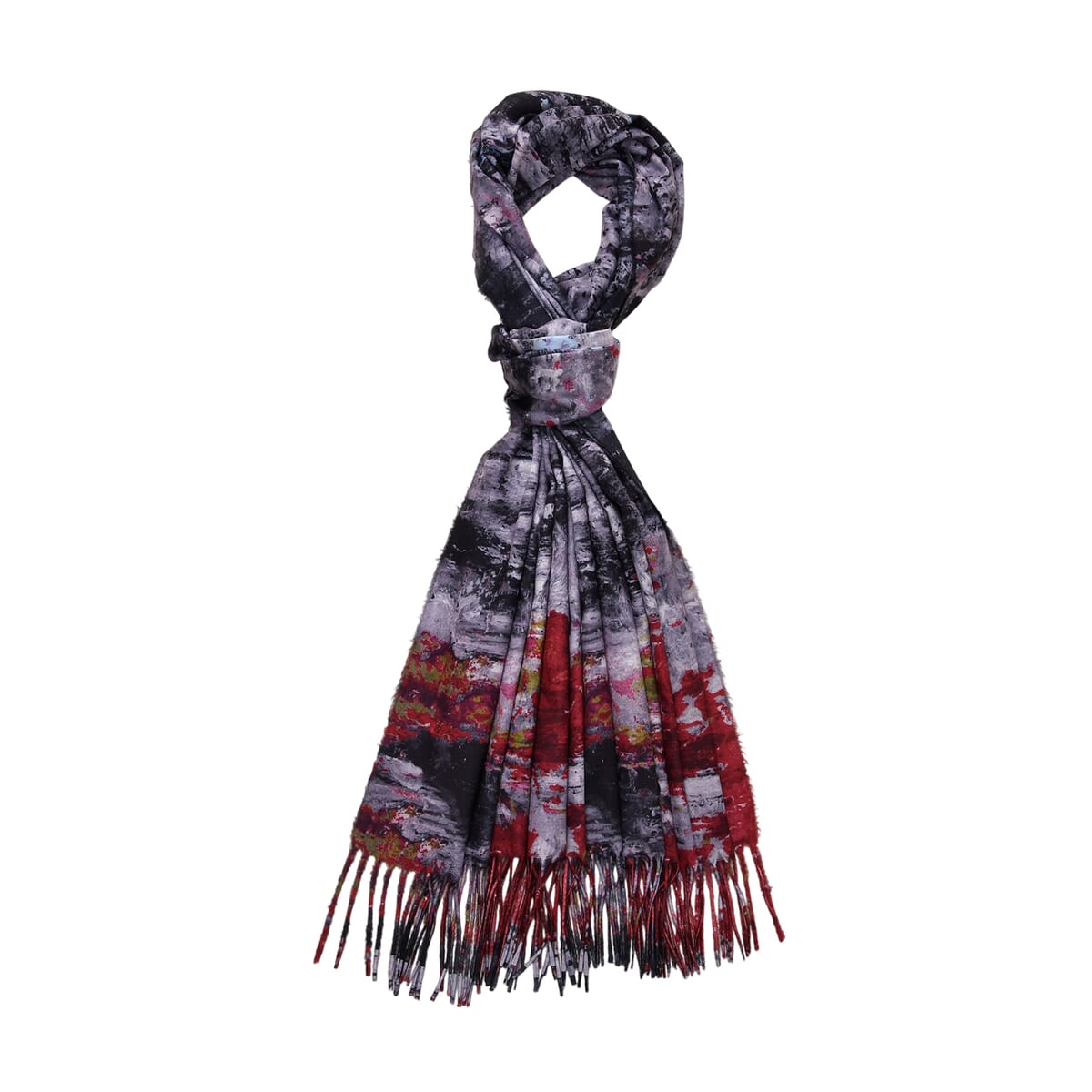 Grey Abstract Polyester Scarf with Tassel Trim image number 0