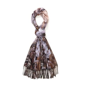 Tan Floral Polyester Scarf with Tassel Trim