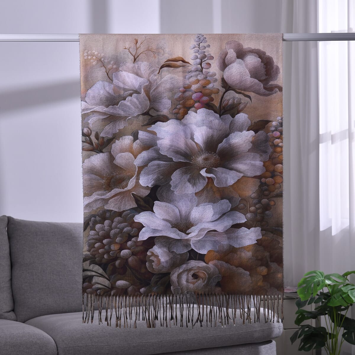 Tan Floral Polyester Scarf with Tassel Trim image number 1